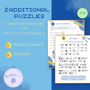 May include: A blue graphic with the text "2 ADDITIONAL PUZZLES" and "WORD SCRAMBLE" and "DECODER". The image includes two puzzle sheets with instructions and clues. A logo with the text "De mailles en mots" is in the lower left corner.