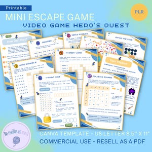 May include: Printable Mini Escape Game: Video Game Hero's Quest. A collection of colorful game cards with puzzles, including word scrambles, decoders, and a 4-digit code. The cards are designed for an interactive adventure game experience.