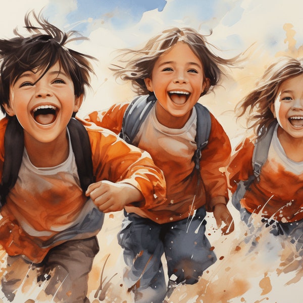 Digital Oil Painting: Joyful Children Playing - Instant Download | Happy Home Decor | Printable Wall Art | Heartwarming Inspiration