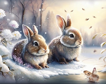 Digital Cartoon Rabbit Oil Painting - Nursery Decor - Instant Download | Baby Room Wall Art | Cute Bunny Artwork