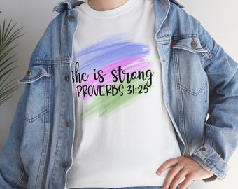 Sie ist stark, Sprüche 31:25, Bibel christian Unisex schweres Baumwoll-T-Shirt