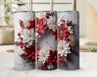 Christmas Poinsettia Wreath 20oz Tumbler Wrap PNG Download