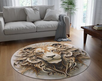 Gold and Cream Lions Head Wooden imitation Print,  Rug