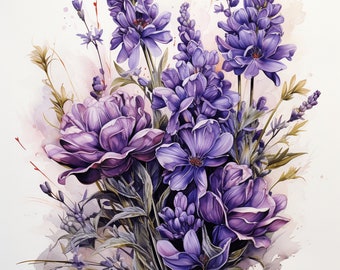 Sérénité de la lavande : impressions numériques de fleurs à l'aquarelle