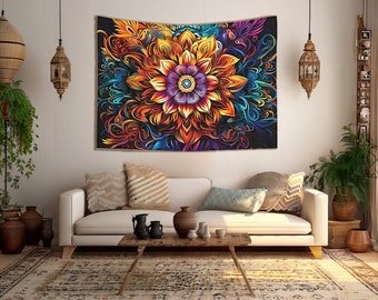 Boho Floral Wall Hanging Mandala Tapestry: Vibrant Spiritual Art Chakra Yoga Meditation Backdrop Home Decor Tapestries Bohemian Ethnic Style