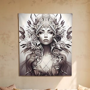 May include: A black and white illustration of a woman with a crown of flowers and feathers. The woman's face is painted with intricate details and she has a serious expression. The background is a light gray.