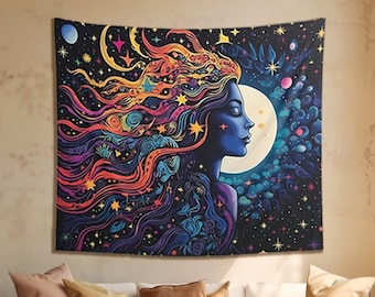 Psychedelic Cosmic Moon Goddess Tapestry, Home Decor, Dorm Decor, Wall Decor, Boho Aesthetic Wall Hanging Tapestries #1