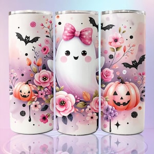 Uroczy różowy kubek z dynią-duchem o pojemności 20 uncji, wykonany metodą sublimacji | Prezent na Halloween | Strasznie słodki