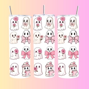 Pink Ribbon Ghosts 20 oz Sublimation Tumbler I Tis the Spooky Season I Halloween Cup I Halloween Gift I Gift Idea