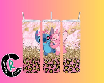 Stitch and Angel Tumbler, Pink Leopard 20 oz Skinny Tumbler