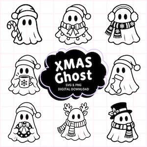 Op de afbeelding: Een verzameling van acht zwart-wit spookillustraties met vakantiethema's, waaronder spoken met kerstmutsen, sjaals, oorkappen, kransen en mokken. Een centrale zwarte wolk bevat de tekst XMAS Ghost SVG & PNG DIGITAL DOWNLOAD.