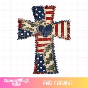 Può includere: Un design a croce patriottico in tessuto con bandiera americana, mimetica e un cuore di jeans. La croce ha un bordo sfilacciato. Il design utilizza i colori rosso, bianco, blu e verde. Le parole "Commercial use" e "PNG format" sono in basso.