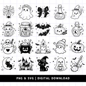 Könnte beinhalten: Eine Sammlung von zwanzig schwarz-weißen Strichzeichnungen mit Halloween-Motiven, darunter Geister, Kürbisse, Katzen, Fledermäuse, ein Spukhaus, ein Kessel und Zaubertränke. Der Text PNG & SVG | DIGITAL DOWNLOAD steht am unteren Rand.
