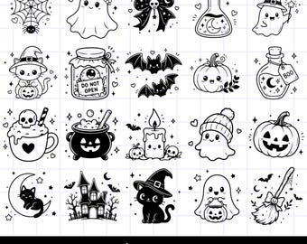 60 Halloween SVG Bundle, Cute Ghost Witch Pumpkin Bat Cat SVG Files for Cricut, Kawaii Spooky Clipart, Silhouette Cut Files Download