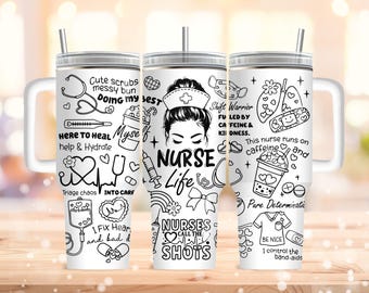 Nurse Life 40oz Tumbler Stethoscope Laser Engraving Wrap Coquette Nursing Affirmation Tumbler Wrap SVG Nurse Stuff Hand Drawn Doodle Design