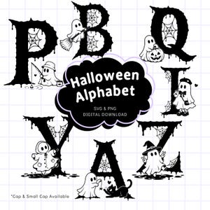 以下が含まれることがあります： 滴るような不気味な美学を持つ黒い文字P、B、Q、I、Y、A、Zを特徴とするデジタルグラフィックセット。各文字にはクモの巣と漫画の幽霊が組み込まれています。テキストにはHalloween Alphabet, SVG & PNG, Digital Downloadと書かれています。