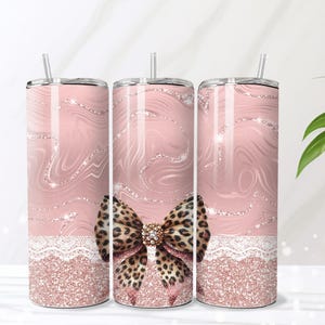 Pink Glitter Marble Tumbler Wrap PNG, Leopard Bow Skinny Tumbler Sublimation, Girly Aesthetic 20oz Tumbler Design, Digital Download