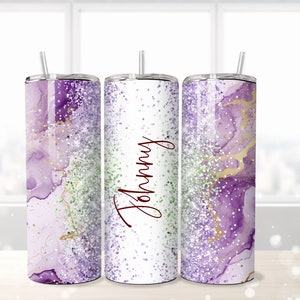 Add Your Own Name Marble 20oz Skinny Tumbler Sublimation Design Purple Glittery Marble Tumbler Wrap PNG Digital Download