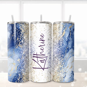 Add Your Own Name Marble 20oz Skinny Tumbler Sublimation Design Gold Glittery Blue Marble Tumbler Wrap PNG Digital Download