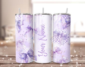Soft Girl Bow Coquette Tumbler Wrap PNG 20oz Tumbler Design Girly Purple Bows Seamless Sublimation Tumbler Add Your Name Girly Style Tumbler