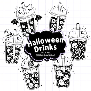 May include: A collection of six black and white line art illustrations of bubble tea cups featuring Halloween themes like skulls, ghosts, eyeballs, and cat ears. The central black cloud shape contains the text Halloween Drinks SVG & PNG.