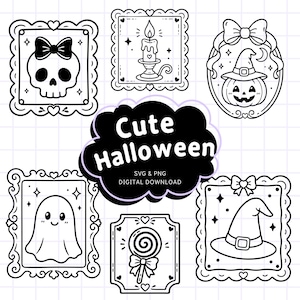 May include: A collection of six black and white line art illustrations featuring a skull with a bow, a candle, a jack-o'-lantern, a ghost, a lollipop, and a witch hat, all framed. The center text reads Cute Halloween SVG & PNG DIGITAL DOWNLOAD.