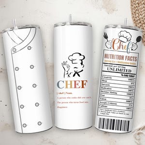 May include: Three white insulated tumblers with chef-themed designs. One features a chef's coat, another has a chef graphic and the word "CHEF", and the third displays a "Nutrition Facts" label with chef-related values.