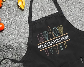 Custom Kitchen Utensils Apron, Personalized Apron, Gift Apron Mom Grandma, Kitchen Utensils Apron whith pockets, Personalized Tools Apron