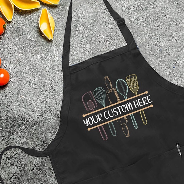 Custom Kitchen Utensils Apron, Personalized Apron, Gift Apron Mom Grandma, Kitchen Utensils Apron whith pockets, Personalized Tools Apron