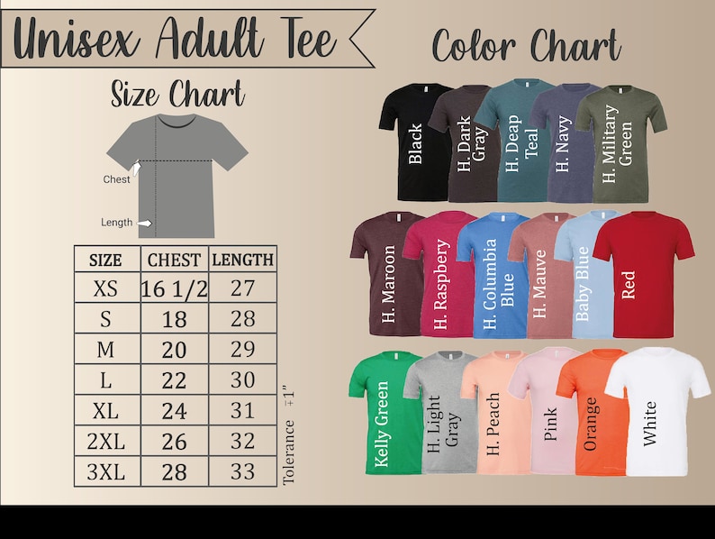 Pu&ograve; includere: Tabella delle taglie per una t-shirt unisex per adulti con misure in pollici per il petto e la lunghezza. Cartella colori con 18 diverse opzioni di colore per la t-shirt.