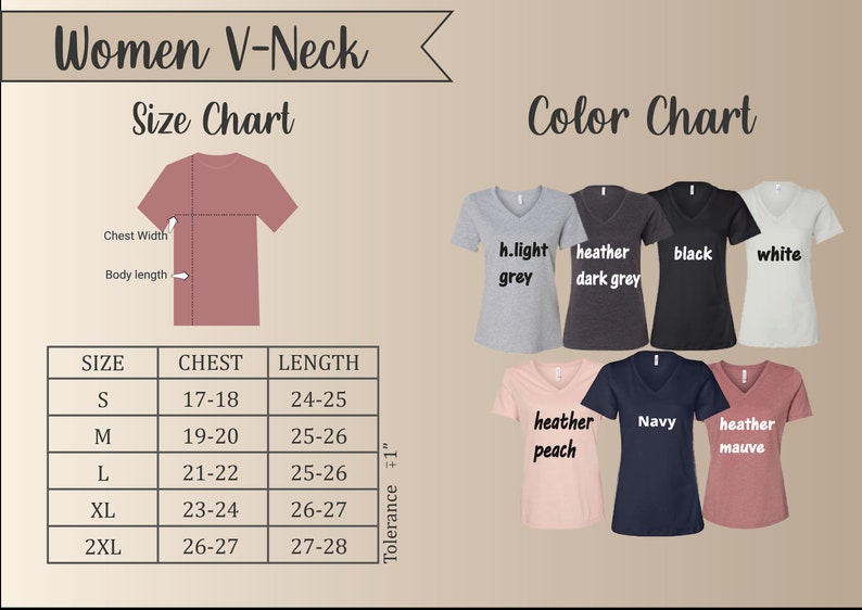 Pu&ograve; includere: Tabella delle taglie per camicie a collo a V da donna con misure in pollici. La tabella mostra le misure del torace e della lunghezza per le taglie S, M, L, XL e 2XL. Una tabella dei colori mostra i colori disponibili: grigio chiaro, grigio scuro melange, nero, bianco, pesca melange, blu navy e malva melange.