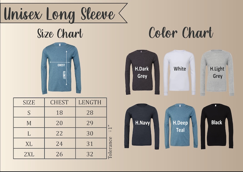 Pu&ograve; includere: Tabella delle taglie per t-shirt a maniche lunghe unisex con misure in pollici per il petto e la lunghezza. La tabella dei colori mostra la t-shirt in vari colori, tra cui grigio scuro, bianco, grigio chiaro, blu navy, verde acqua e nero.