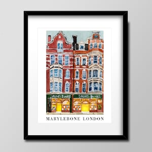 London | Bookshop | Travel Sketch | Marylebone | Colorful | Vibrant | Watercolor Art | Wall Print |  A4