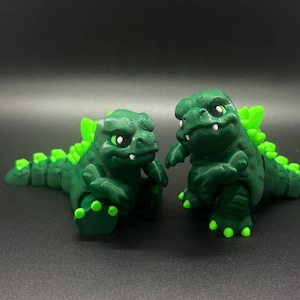 Cute Flexi Godzilla – 3D Printed Mini Monster | Poseable Arms, Head & Tail | Forest Green with Neon Accents | Kawaii Kaiju Toy | 2.5&quot; Tall