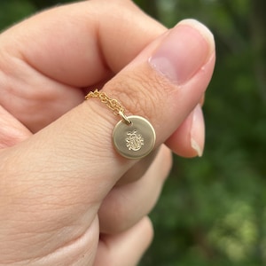 May include: A gold-toned necklace featuring a small, circular pendant with a stamped ladybug design. The pendant is suspended from a delicate gold-toned chain, showcasing a smooth, polished finish on the metal surface of the round charm.