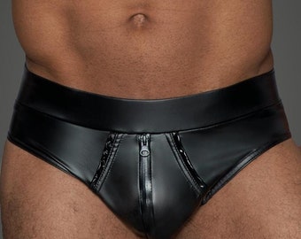 Mens Wet-Look PVC Full Zipper Short Color Black. For Lounging, As Lingerie or For a Hot Date!