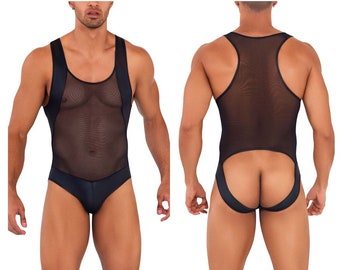 Men's Exotic Mesh Work-N-Out Bodysuit Color Black. For Lounging, As Lingerie or For a Hot Date!