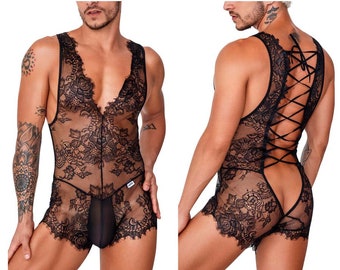 Men's Lace Bodysuit Color Black. For Lounging, As Lingerie or For a Hot Date!