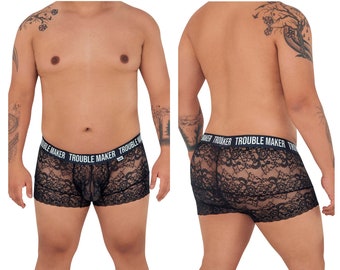 Plus Size Men's Exotic Trouble Maker Lace Trunks Color Black. For Lounging, As Lingerie or For a Very Hot Date!