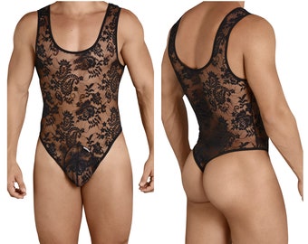 Herren Spitze Bodysuit Farbe Schwarz. Zum Faulenzen, als Dessous oder für ein heißes Date!