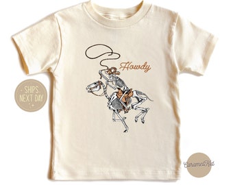 Howdy Halloween Kids Shirt, Halloween Skeleton Cowboy Shirt, Western Rodeo Shirt, Skeleton Horse Bodysuit, Spooky Cowboy Toddler Shirt