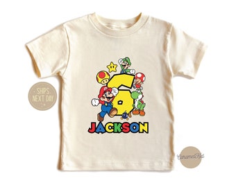 Custom Mario Birthday Shirt, 100% Cotton Kids Tee, Family Party Apparel
