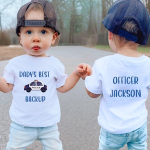 Daddy&#39;s Back Up Custom Front Back Toddler Shirt, Policeman Daddy Baby Bodysuit, Baby Police Car Youth Shirts, Custom Name Police Baby Tshirt