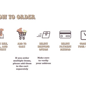 May include: A five-step guide on how to order online. The steps are: select size, color, and quantity; add to cart; select shipping option; select payment method; and complete your order. The guide includes illustrations of each step.