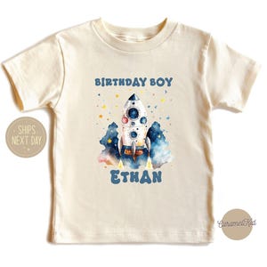 Personalized Space Rocket Toddler Shirt - Custom Kids Names Clothing - Outer Space Astronaut Birthday Boy - Natural Toddler & Youth Tee
