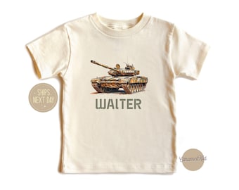 Personalized Desert Tan Military Tank Toddler Shirt - Custom Kids Name Military Vehicles Outfit - Boho Natural Toddler & Youth Tee