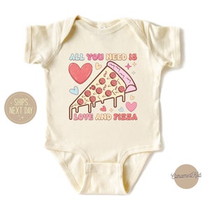 All You Need is Love and Pizza Baby Bodysuit, Retro Cartoon Heart Pizza Toddler Shirt, Natural Kids Tee, Funny Infant Valentine&#39;s Raglan Tee