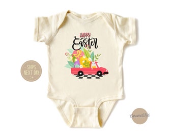 Happy Easter Shirt Onesie®, Easter Egg Hunt Toddler Shirt, Cute Easter Bunny Bodysuit, Kids Truck Shirt for Easter, Easter Truck Bunny Shirt