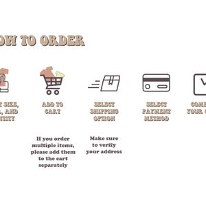 May include: A five-step guide on how to order online. The steps are: select size, color, and quantity; add to cart; select shipping option; select payment method; complete your order. The guide includes illustrations of each step.