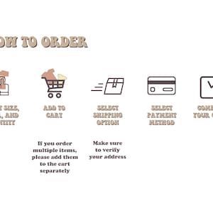 May include: How to order illustration with five steps: select size, color, and quantity; add to cart; select shipping option; select payment method; complete your order.  If you order multiple items, please add them to the cart separately. Make sure to verify your address.